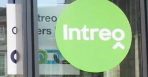 Intreo Office Logo on a glass panel door.